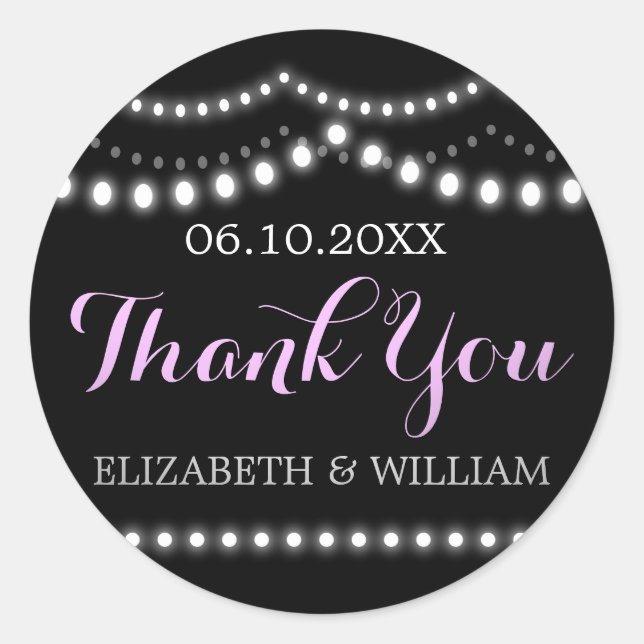 Wedding Lights Thank You | Lavender, Purple, Black Classic Round Sticker (Front)