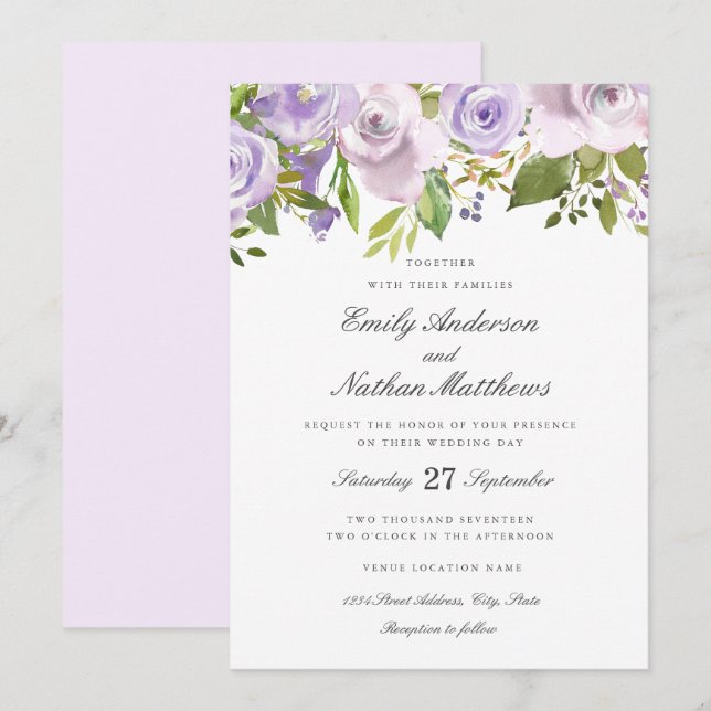 Wedding Lilac Purple Watercolor Floral Invitation (Front/Back)