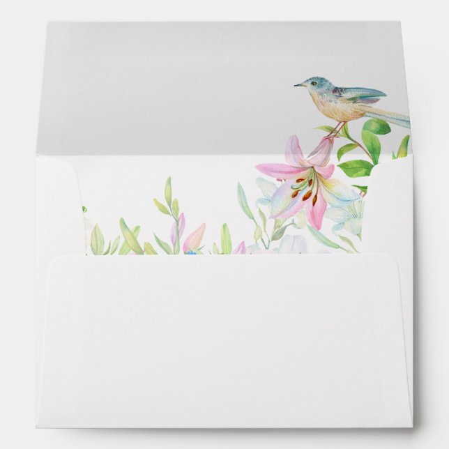 Wedding.Lilies and Birds Watercolor Envelope (Back (Bottom))