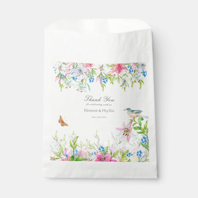 Wedding.Lilies and Birds Watercolor Wedding Favour Bags (Front)
