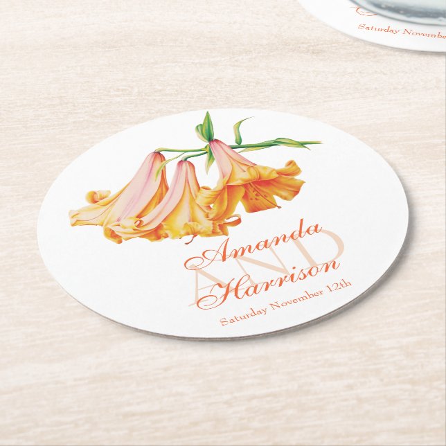Wedding lily bell watercolor art paper coasters (Angled)