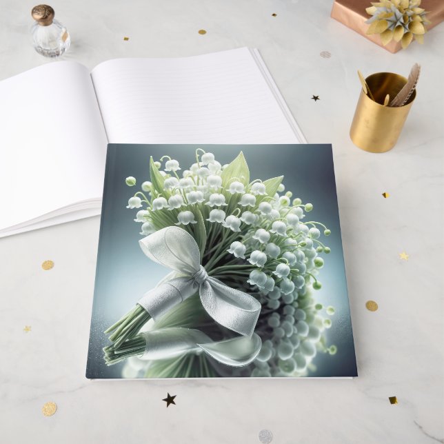 Wedding Lily of the Valley Bouquet on a Mirror Guest Book (Front Open)
