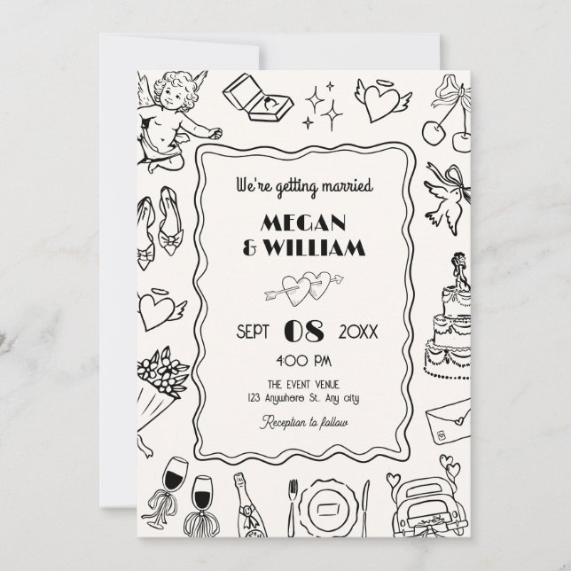 Wedding line art sketch fun  invitation (Front)