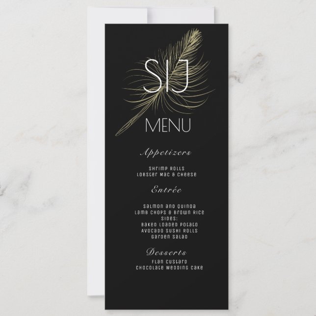 Wedding Logo Botanical Gold Feather Dinner Menu (Front)