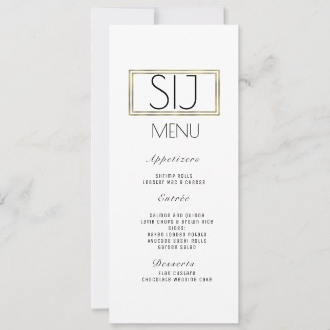 Wedding Logo Minimalist Faux Gold Rim Dinner Menu (Front)