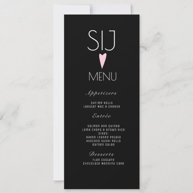 Wedding Logo Pink Heart Black White Dinner Menu (Front)