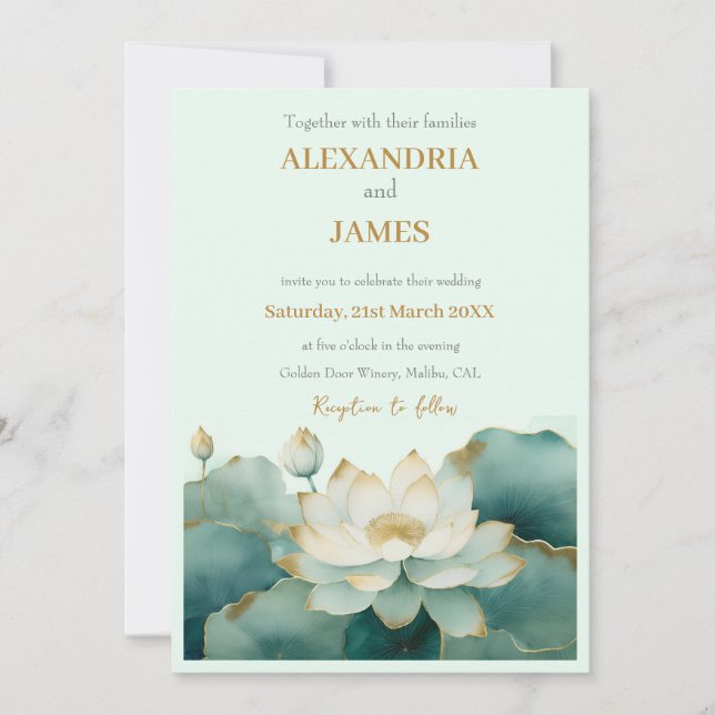 Wedding Lotus flowers with gold edges  Invitation (Front)