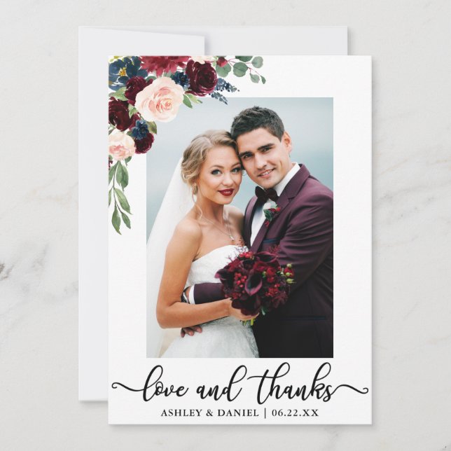 Wedding Love and Thanks Burgundy Blue Floral Thank You Card (Front)