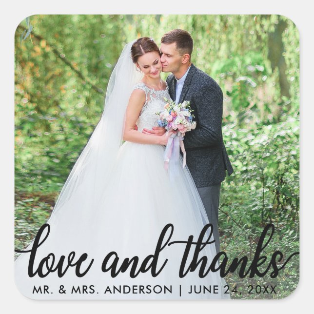 Wedding Love and Thanks | Photo Thank You Blk Square Sticker (Front)