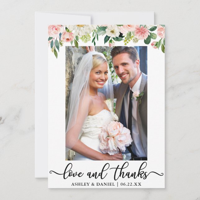 Wedding Love and Thanks Pink Blush Floral Photo Thank You Card (Front)