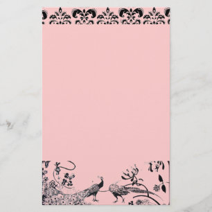 WEDDING LOVE BIRDS  black and pink damask Stationery