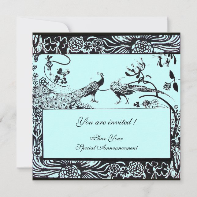 WEDDING LOVE BIRDS ,black and white ,blue Invitation (Front)