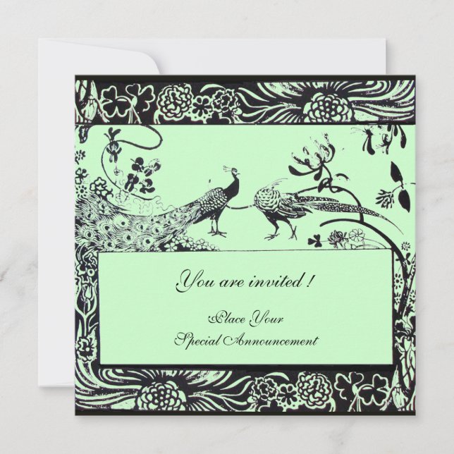 WEDDING LOVE BIRDS ,black and white ,green Invitation (Front)