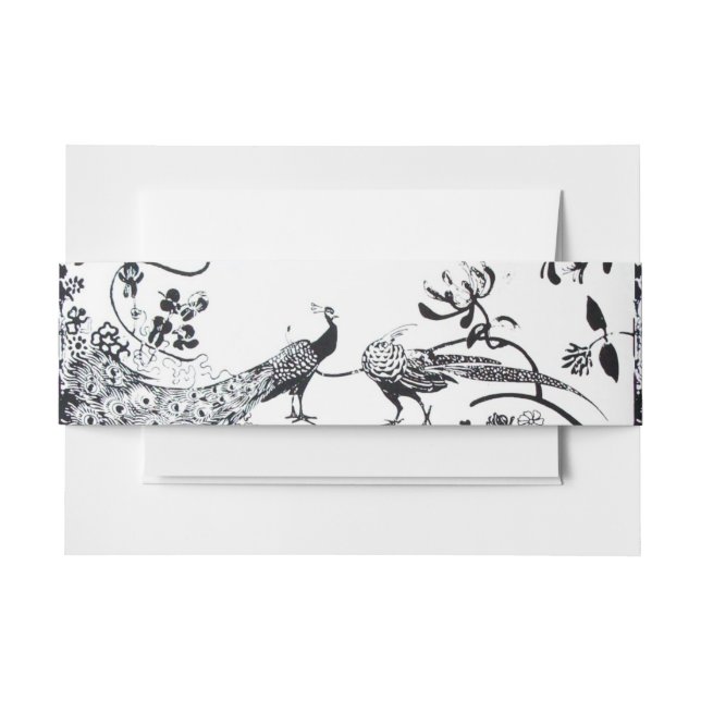 WEDDING LOVE BIRDS, Black White Floral Invitation Belly Band (Front Example)