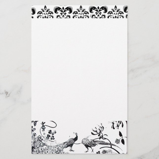 WEDDING LOVE BIRDS Black White Peacocks Damask Stationery (Front)