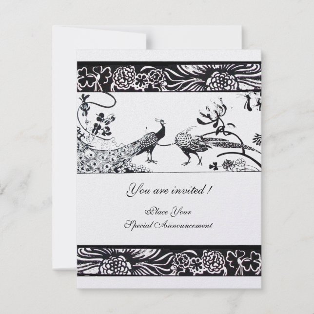WEDDING LOVE BIRDS ,black white pearl metallic Invitation (Front)