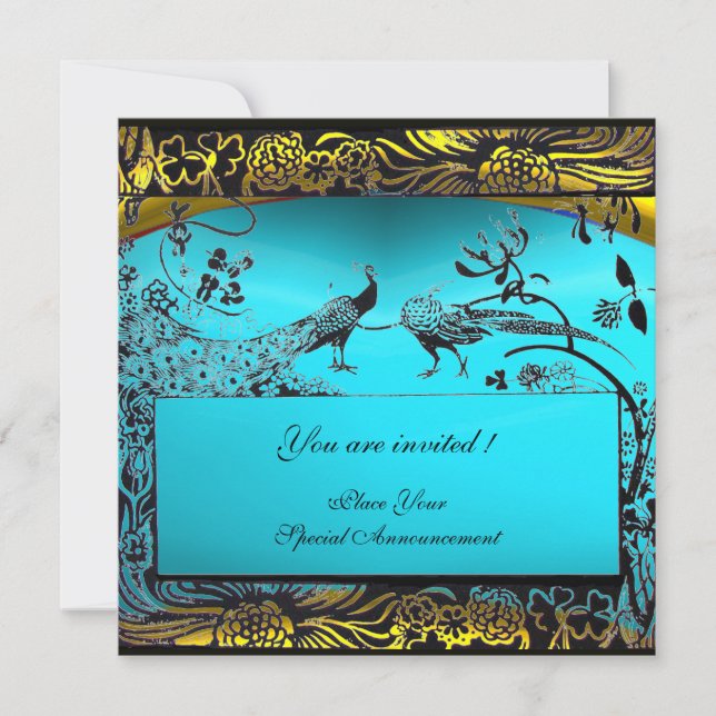 WEDDING LOVE BIRDS ,black ,white ,yellow aqua blue Invitation (Front)