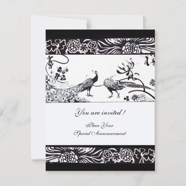 WEDDING LOVE BIRDS, FLORAL BLACK WHITE INVITATIONS (Front)