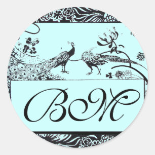 WEDDING LOVE BIRDS MONOGRAM ,black and white blue Classic Round Sticker