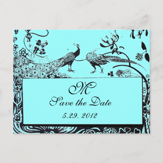 WEDDING LOVE BIRDS MONOGRAM black and white blue Postcard (Front)