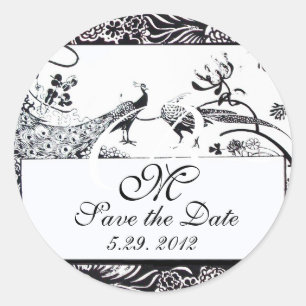 WEDDING LOVE BIRDS MONOGRAM ,black and white Classic Round Sticker