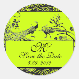 WEDDING LOVE BIRDS MONOGRAM black and white green Classic Round Sticker
