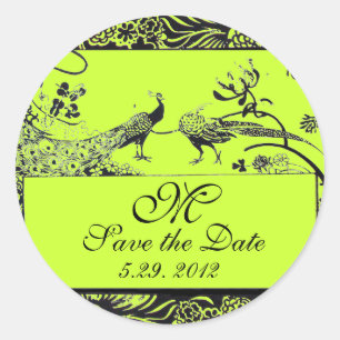 WEDDING LOVE BIRDS MONOGRAM black and white green Classic Round Sticker