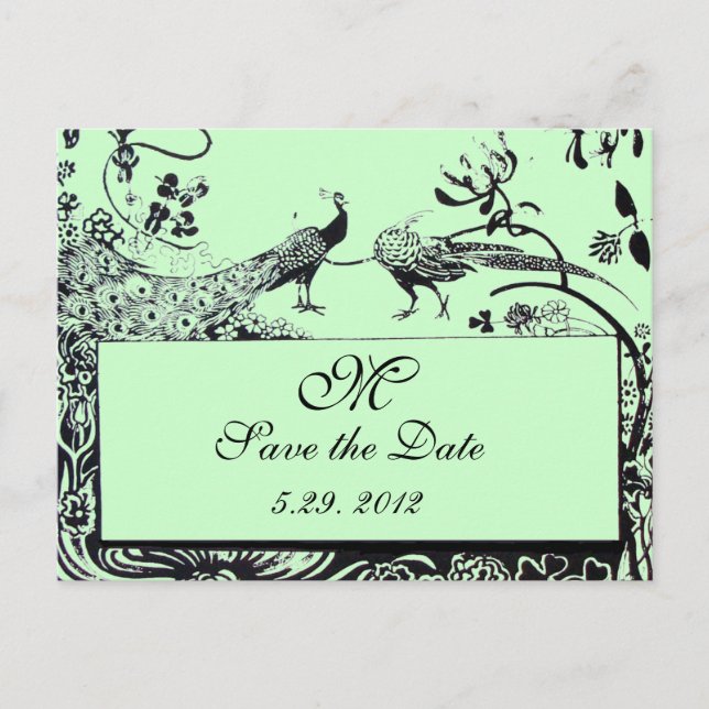 WEDDING LOVE BIRDS MONOGRAM black and white green Postcard (Front)