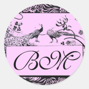 WEDDING LOVE BIRDS MONOGRAM ,black and white pink Classic Round Sticker