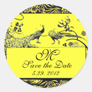 WEDDING LOVE BIRDS MONOGRAM black and white yellow Classic Round Sticker