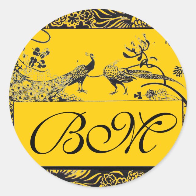WEDDING LOVE BIRDS MONOGRAM black and white yellow Classic Round Sticker (Front)