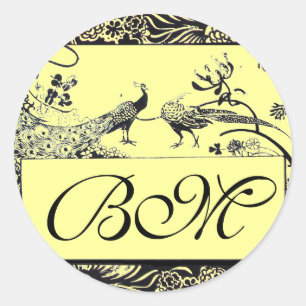 WEDDING LOVE BIRDS MONOGRAM black and white yellow Classic Round Sticker