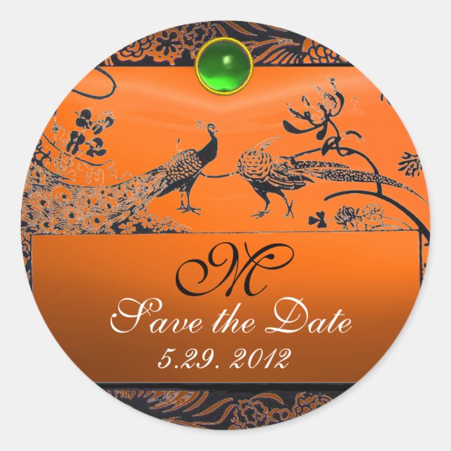 WEDDING LOVE BIRDS MONOGRAM black green orange Classic Round Sticker (Front)