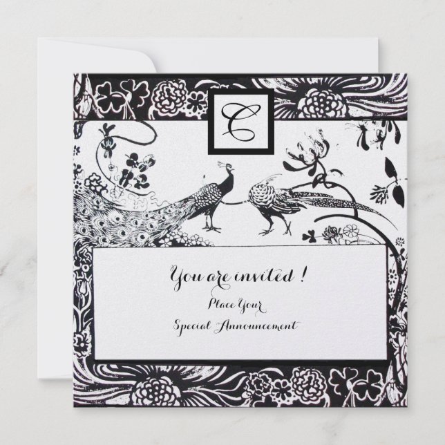 WEDDING LOVE BIRDS MONOGRAM Black,White Pearl Invitation (Front)