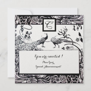 WEDDING LOVE BIRDS MONOGRAM Black,White Pearl Invitation