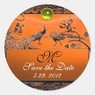 WEDDING LOVE BIRDS MONOGRAM black white red orange Classic Round Sticker