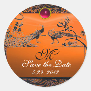 WEDDING LOVE BIRDS MONOGRAM black white red orange Classic Round Sticker