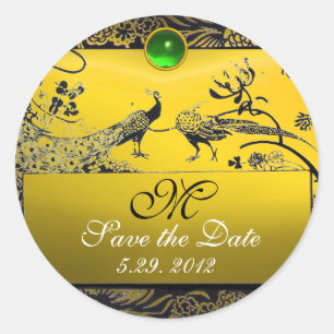 WEDDING LOVE BIRDS MONOGRAM black white yellow Classic Round Sticker