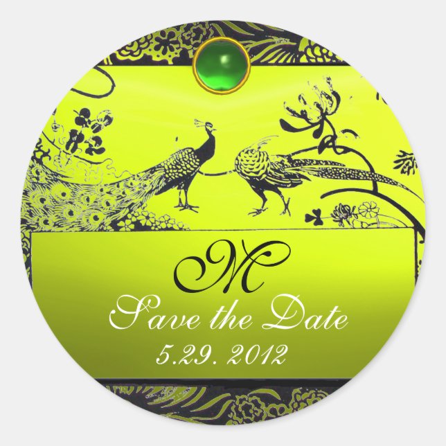WEDDING LOVE BIRDS MONOGRAM black white yellow Classic Round Sticker (Front)