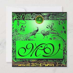 WEDDING LOVE BIRDS MONOGRAM black yellow emerald Announcement