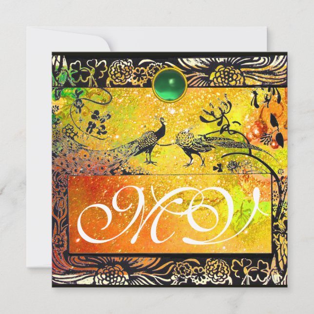 WEDDING LOVE BIRDS MONOGRAM black yellow emerald Announcement (Front)