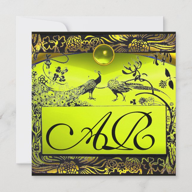 WEDDING LOVE BIRDS MONOGRAM black  yellow topaz Announcement (Front)