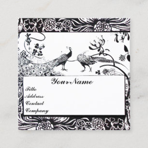 WEDDING LOVE BIRDS/ PEACOCKS MONOGRAM Black White Square Business Card