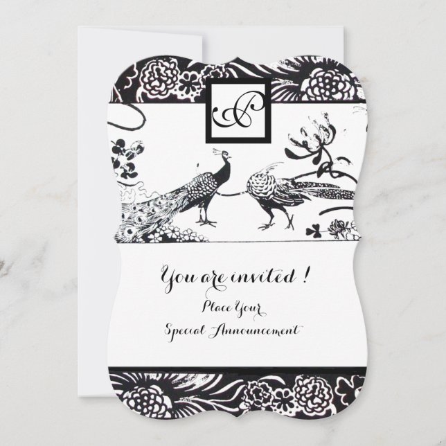 WEDDING LOVE BIRDS SQUARE MONOGRAM Black,White Invitation (Front)