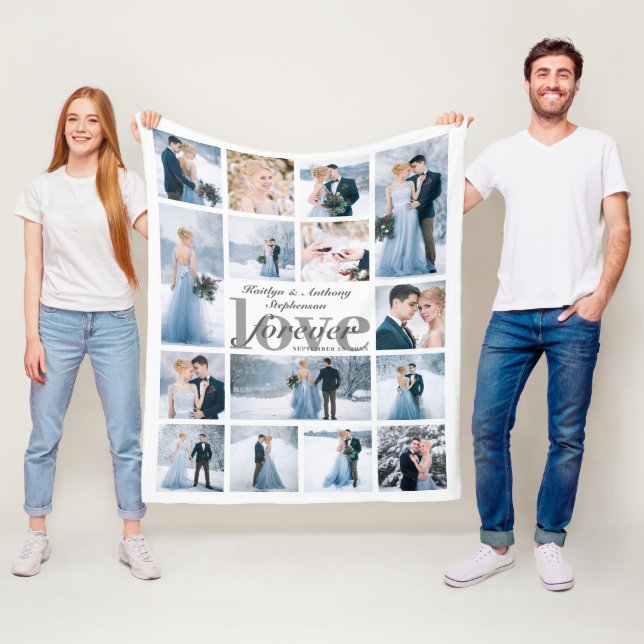 Wedding LOVE FOREVER 15 Photo Collage Custom Colou Fleece Blanket (In Situ)