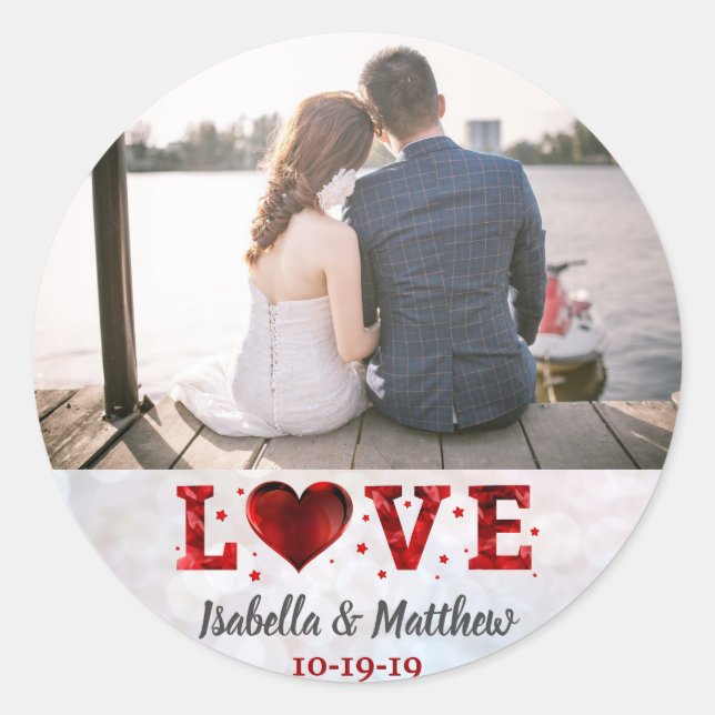 Wedding Love Forever Red Heart Custom Photo Classic Round Sticker (Front)