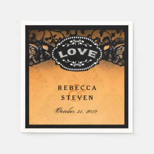 Wedding LOVE Halloween Orange & Black with Names Napkin