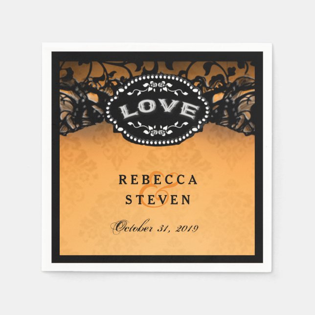 Wedding LOVE Halloween Orange & Black with Names Napkin (Front)