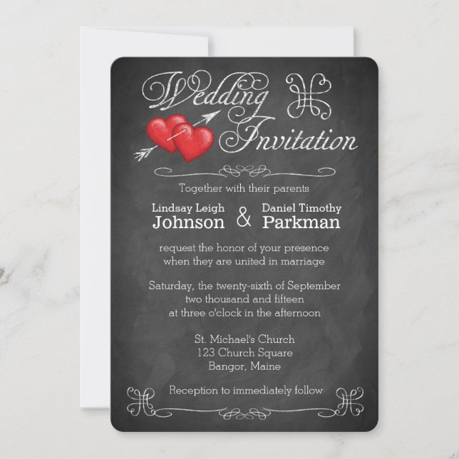 Wedding | Love Hearts, Scrolls | Chalkboard Invitation (Front)