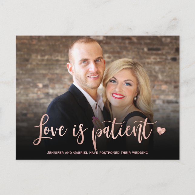 Wedding Love is Patient Postponed Simple Photo Announcement Postcard (Front)